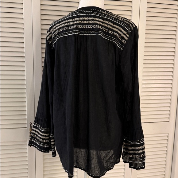 Velvet Zaley Peasant Top Black Embroidered Bell Sleeve Flowy Semisheer Cotton - Picture 7 of 12